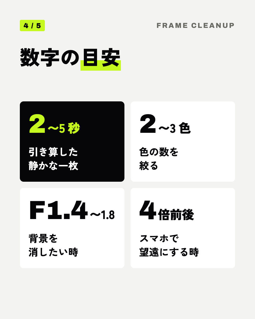 数字の目安: 2〜5 秒 引き算した静かな一枚、2〜3 色 色の数を絞る、F1.4〜1.8 背景を消したい時、4倍前後 スマホで望遠にする時
