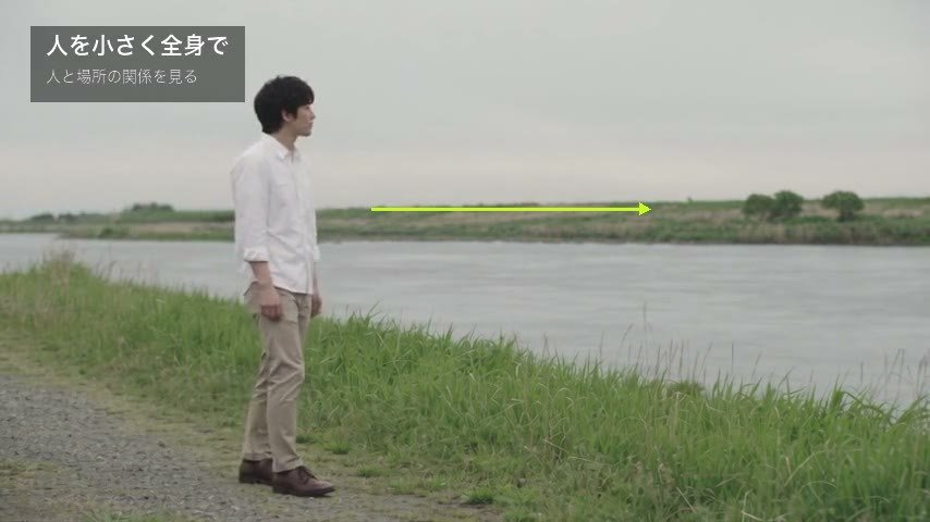 左の三分割の線に立ち、川を見る人。矢印が見る向きを指す