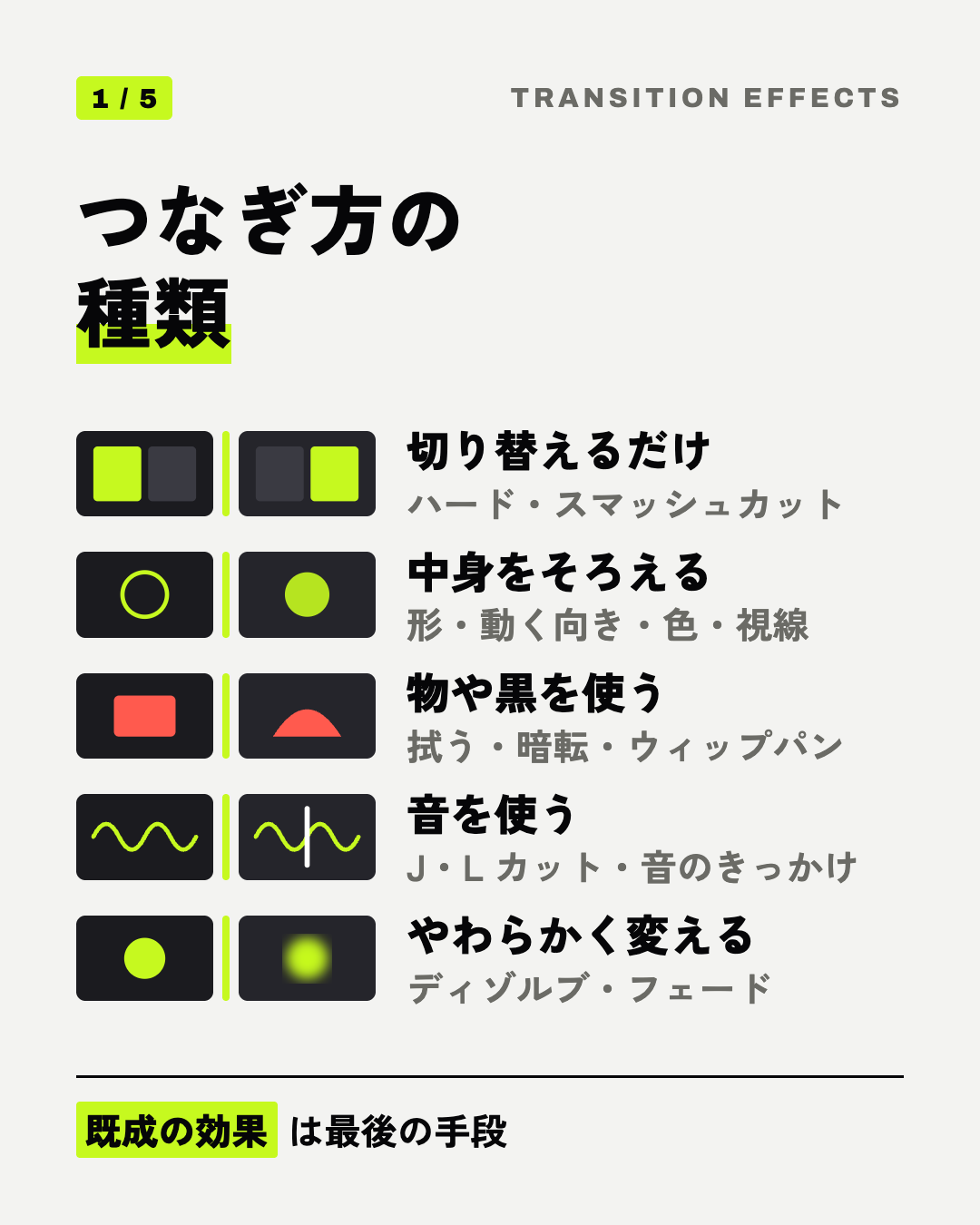 つなぎ方の種類: 切り替えるだけ、中身をそろえる、物や黒を使う、音を使う、やわらかく変える